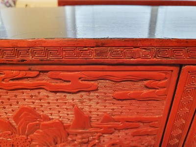 Lot 26 - A PAIR OF MINIATURE CHINESE CINNABAR LACQUER CABINETS.
