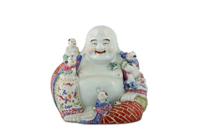 Lot 46 - A CHINESE FAMILLE ROSE FIGURE OF BUDAI HESHANG WITH FIVE BOYS.