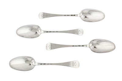 Lot 255 - A set of four George II sterling silver tablespoons, London 1740 by James Wilkes (this mark reg. 20th June 1739)