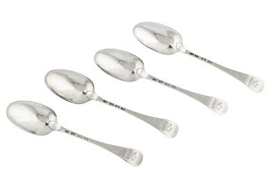 Lot 255 - A set of four George II sterling silver tablespoons, London 1740 by James Wilkes (this mark reg. 20th June 1739)