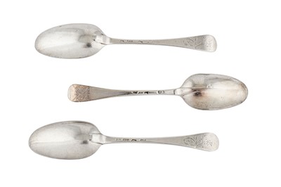 Lot 256 - A pair of early George II sterling silver tablespoons, London 1728 by Joseph Smith I (this mark reg. 3rd May 1728)