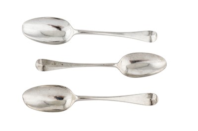 Lot 257 - Three George II sterling silver tablespoons, London 1749/51 by Marmaduke Daintrey (first reg. 12th Oct 1737)
