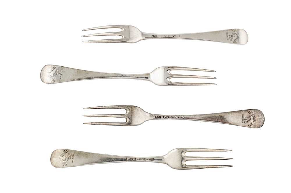 Lot 247 - A matched set of four George II/III sterling silver table forks, mostly by Isaac Callard (reg. 7th Feb 1726, d.c.1770)