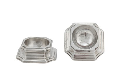 Lot 280 - A pair of George II sterling silver trencher salts, London circa 1740, marks obscured