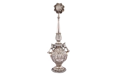 Lot 298 - A SILVER ROSEWATER SPRINKLER (GULAB PASH) WITH PEACOCK HANDLES