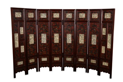 Lot 345 - λ A CHINESE EIGHT PANEL IVORY-INSET LACQUER SCREEN.