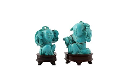 Lot 213 - A PAIR OF CHINESE TURQUOISE 'BOYS' CARVINGS.