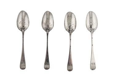 Lot 240 - A set of four George III sterling silver picture back teaspoons, London circa 1775 by Hester Bateman