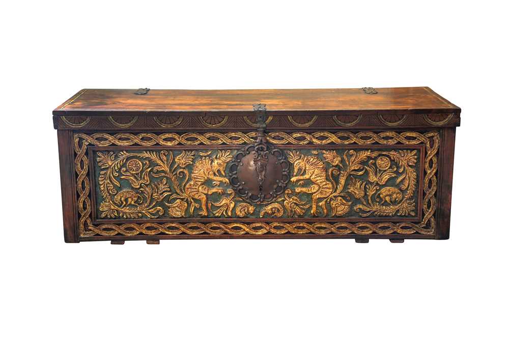 Lot 980 - A LARGE CARVED AND GILT HARDWOOD MARRIAGE CHEST