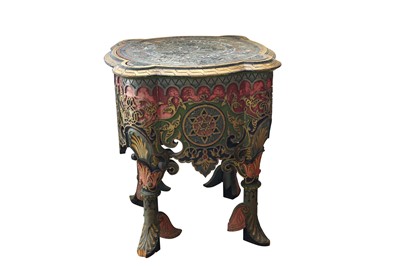 Lot 906 - λ A POLYCHROME-PAINTED AND GILT HARDWOOD TABLE WITH INLAID TOP