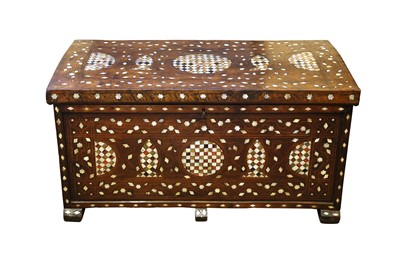 Lot 979 - λ A LARGE HARDWOOD MOTHER-OF-PEARL AND TORTOISE SHELL-INLAID OTTOMAN CHEST