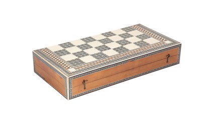 Lot 253 - λ A PORTABLE MICRO-MOSAIC KHATAMKARI CHESS AND BACKGAMMON BOARD