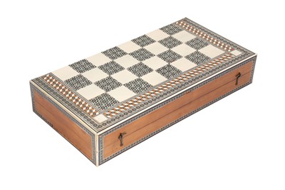 Lot 253 - λ A PORTABLE MICRO-MOSAIC KHATAMKARI CHESS AND BACKGAMMON BOARD