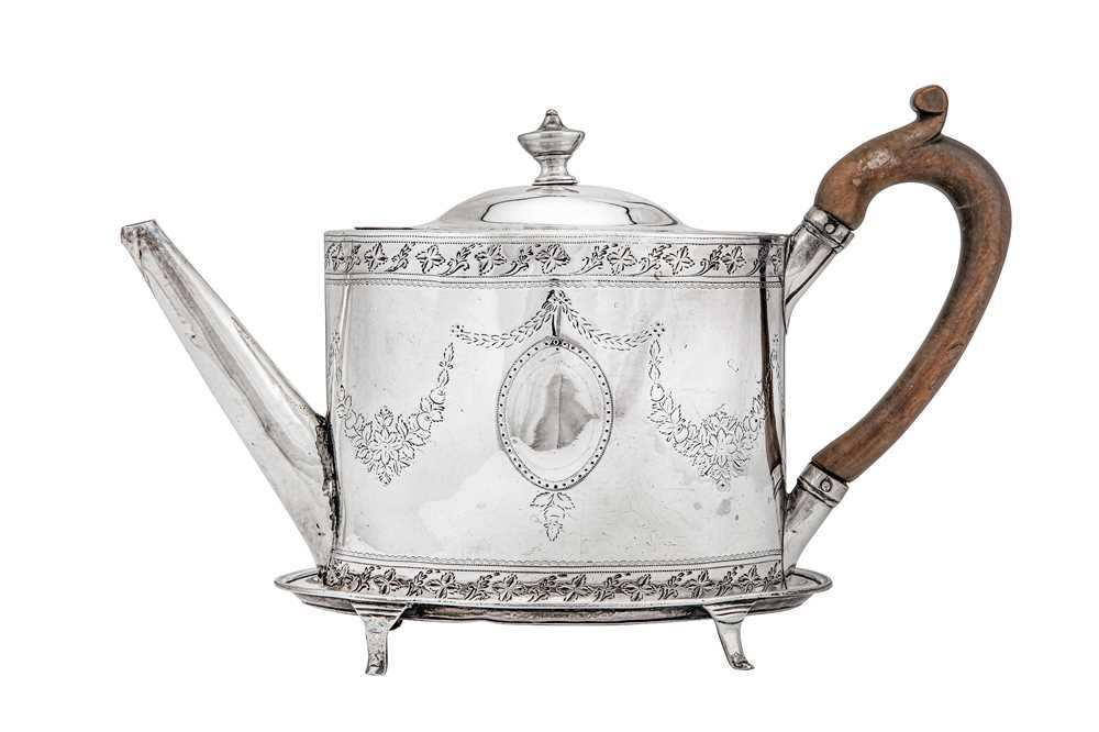 Lot 313 - A George III sterling silver teapot on stand, the teapot London 1792 by Frances Purton (reg. 4th March 1783)