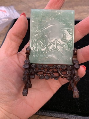 Lot 25 - A CHINESE APPLE-GREEN JADEITE MINIATURE TABLE SCREEN.