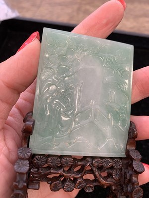 Lot 25 - A CHINESE APPLE-GREEN JADEITE MINIATURE TABLE SCREEN.