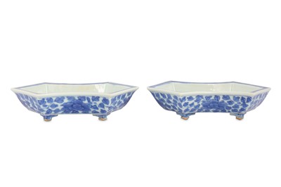 Lot 496 - A PAIR OF CHINESE BLUE AND WHITE HEXAGONAL JARDINIERES.