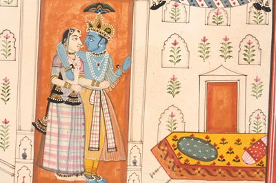 Lot 338 - AN ILLUSTRATION FROM A RASIKAPRIYA SERIES: KRISHNA AND RADHA TENDERLY EMBRACING