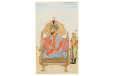 Lot 335 - A PORTRAIT OF THE MUGHAL EMPEROR HUMAYUN, ENTHRONED