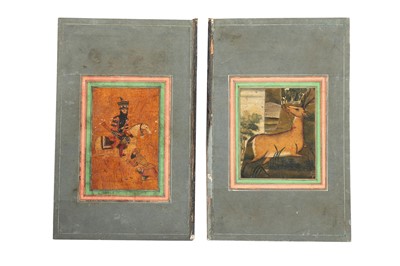 Lot 260 - A LACQUERED PORTRAIT OF FATH 'ALI SHAH ON HORSEBACK AND A WOUNDED STAG