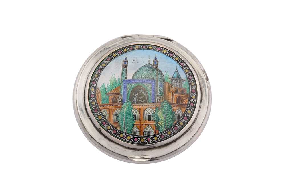 Lot 208 - A mid-20th century Iranian (Persian) silver and enamel compact, Isfahan circa 1950 mark of Jahrome