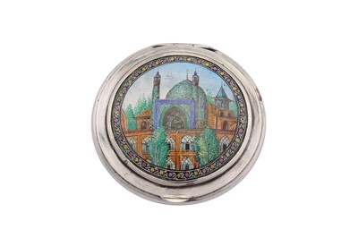 Lot 2 - A mid-20th century Iranian (Persian) silver and enamel compact, Isfahan circa 1950 mark of Jahrome