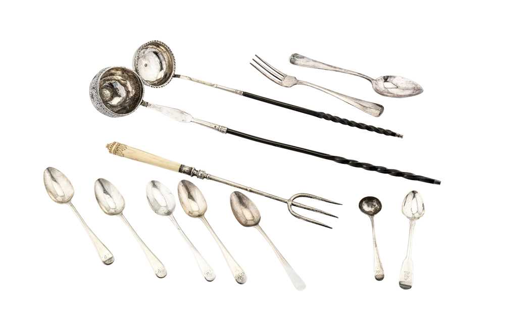 Lot 840 - A MIXED GROUP OF SILVER FLATWARE, INCLUDING AN 18TH CENTURY PUNCH LADLE BOWL