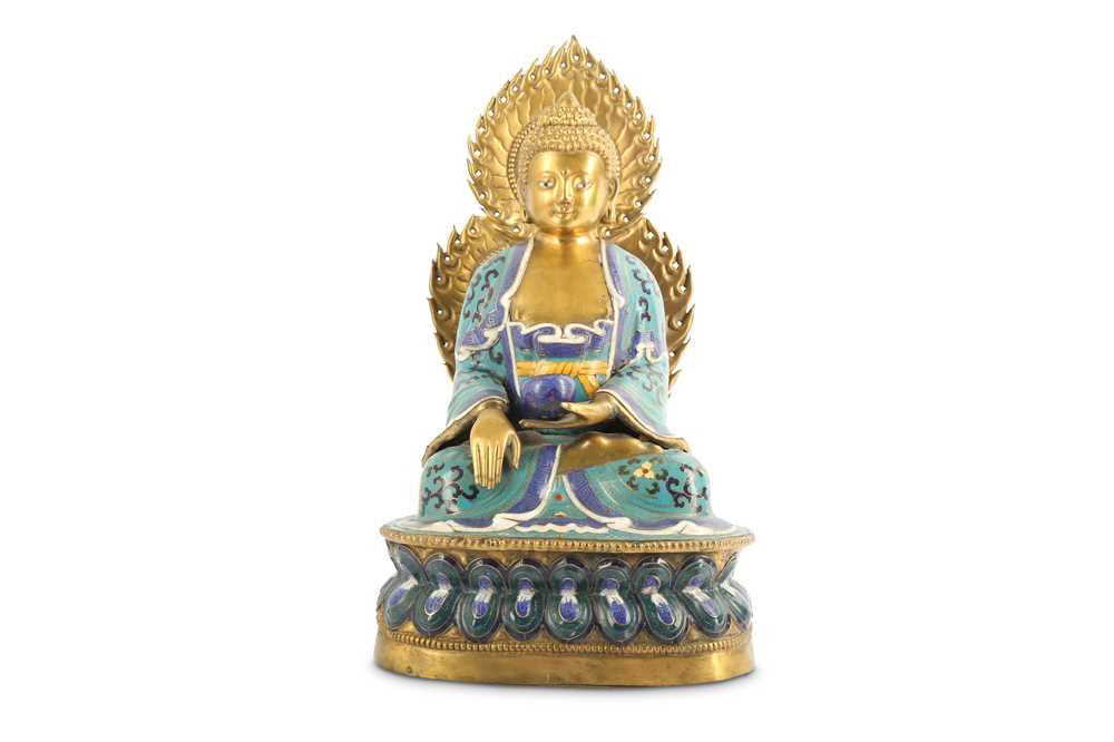 Lot 51 - A CHINESE CLOISONNE ENAMEL-DECORATED FIGURE OF A MEDICINE BUDDHA.
