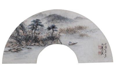Lot 948 - A CHINESE FAN LEAF LANDSCAPE PAINTING.
