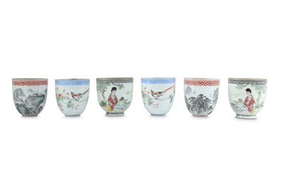 Lot 895 - THREE PAIRS OF CHINESE FAMILLE ROSE EGGSHELL PORCELAIN CUPS.
