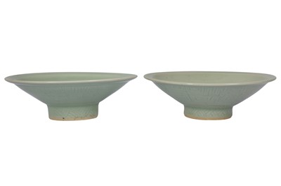 Lot 760 - A PAIR OF CHINESE CELADON-GLAZED DISHES.