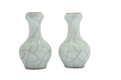 Lot 299 - A PAIR OF CHINESE CRACKLE-GLAZED GARLIC MOUTH VASES.