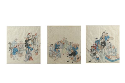 Lot 127 - A SET OF TWELVE CHINESE PAINTINGS OF STREET PERFORMERS AND TRADERS.