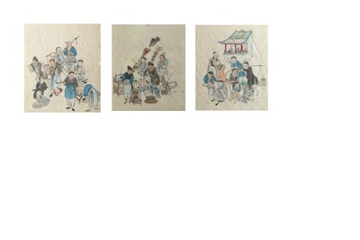 Lot 127 - A SET OF TWELVE CHINESE PAINTINGS OF STREET PERFORMERS AND TRADERS.