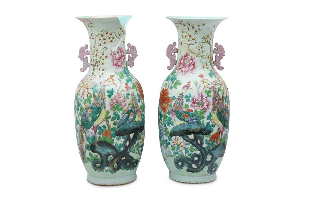 Lot 19 - A PAIR OF LARGE  CHINESE FAMILLE ROSE 'PHOENIX' VASES.
