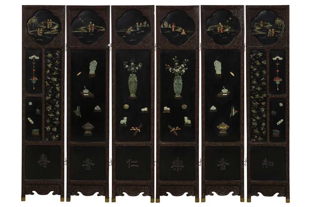 Lot 168 - λ A CHINESE CINNABAR LACQUER SIX-FOLD SCREEN.