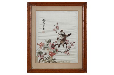 Lot 133 - TWO CHINESE EMBROIDERED PANELS OF BIRDS AND FLOWERS.