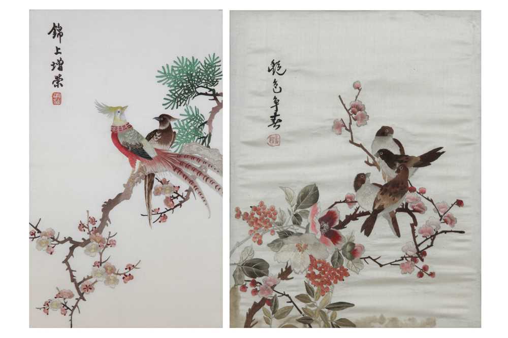Lot 133 - TWO CHINESE EMBROIDERED PANELS OF BIRDS AND FLOWERS.