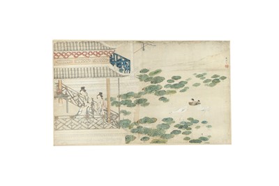 Lot 928 - A CHINESE HANGING SCROLL PAINTING OF A LADY ON A TERRACE.