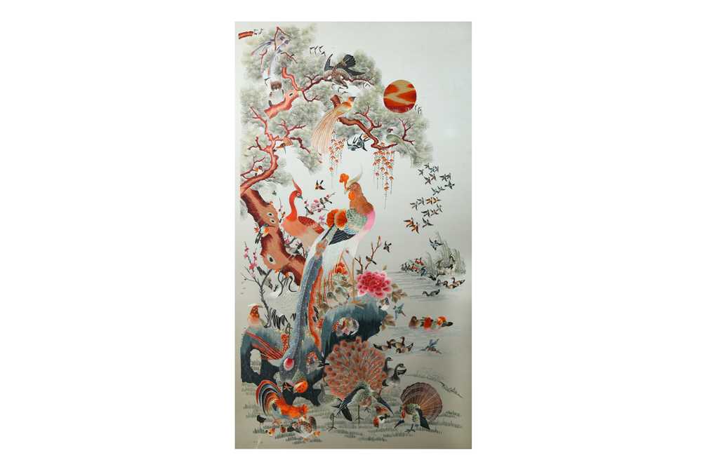 Lot 135 - A LARGE CHINESE EMBROIDERED 'HUNDRED BIRDS' PANEL.