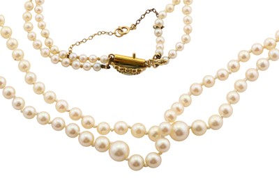 Lot 16 - A double-strand cultured pearl necklace with an opal and diamond clasp