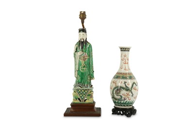 Lot 238 - A CHINESE FAMILLE VERTE BISCUIT FIGURE AND A 'DRAGON' VASE.