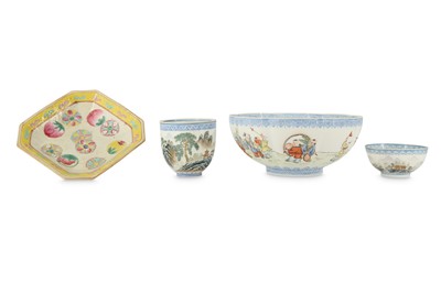 Lot 896 - THREE CHINESE EGGSHELL PORCELAIN BOWLS AND A FAMILLE ROSE STEM DISH.