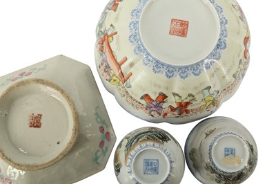 Lot 896 - THREE CHINESE EGGSHELL PORCELAIN BOWLS AND A FAMILLE ROSE STEM DISH.