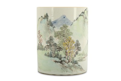 Lot 622 - A CHINESE FAMILLE ROSE 'LANDSCAPE' BRUSH POT.
