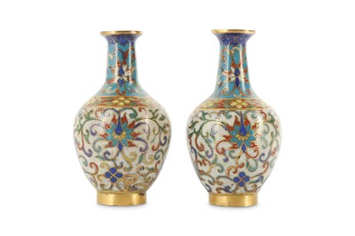 Lot 636 - A PAIR OF CHINESE MINIATURE CLOISONNE 'LOTUS' VASES.
