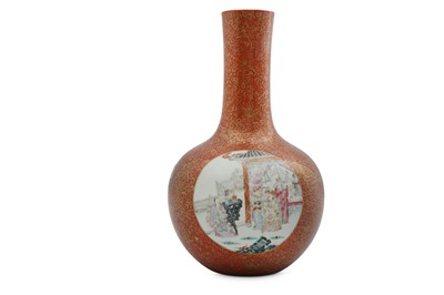 Lot 147 - A CHINESE FAMILLE ROSE CORAL-GROUND BOTTLE VASE.