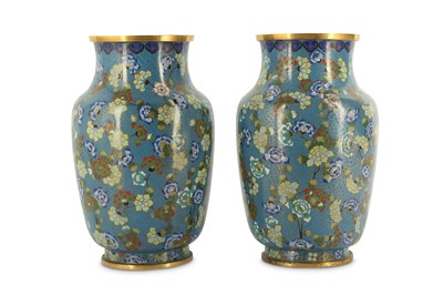 Lot 634 - A PAIR OF CHINESE CLOISONNE ENAMEL 'BLOSSOMS' VASES.