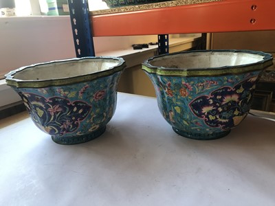 Lot 439 - A PAIR OF CHINESE CANTON ENAMEL JARDINIERES.