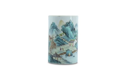 Lot 678 - A CHINESE FAMILLE ROSE 'LANDSCAPE' BRUSHPOT, BITONG.
